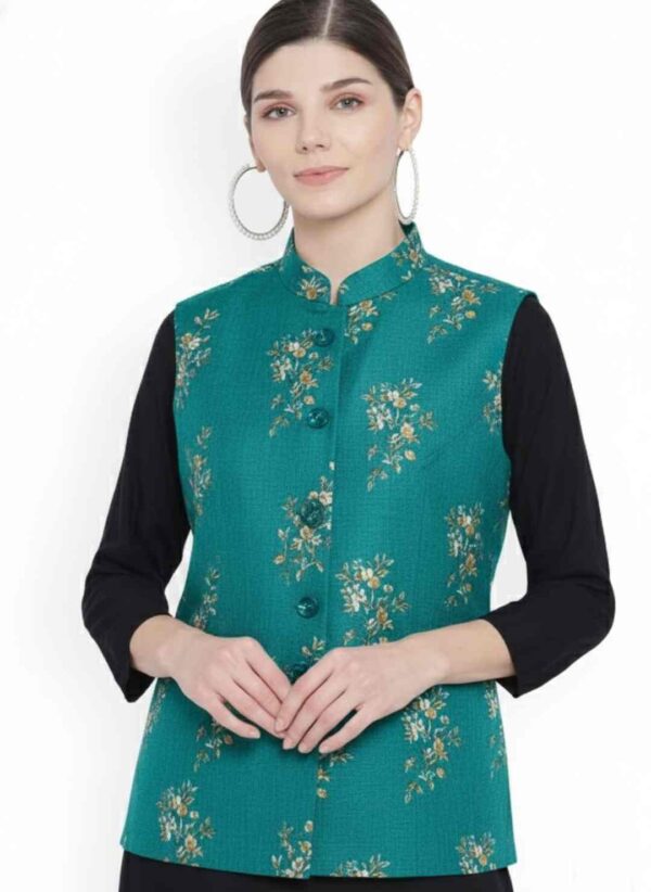 Women Green Solid Woven Nehru Jacket