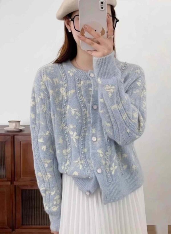 Women Cable Knit Self Design Round Neck Cotton Cardigan
