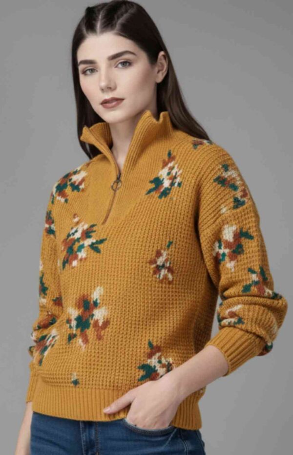Women Mustard Yellow Self Design Sweater